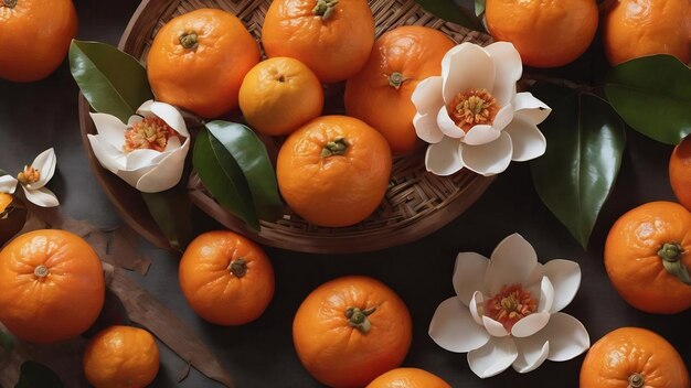 High angle tangerines and magnolia chinese new year