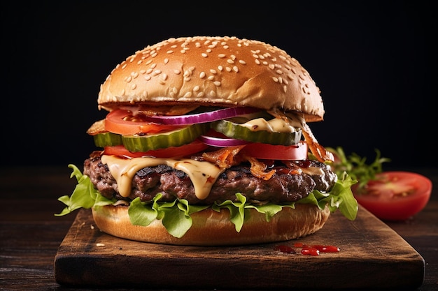 High angle tasty beef burger with dip