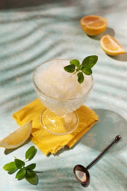 Foto gustoso dessert di granita ad alto angolo con agrumi