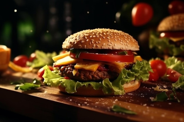 High angle vegetarian burger on cutting board with copy