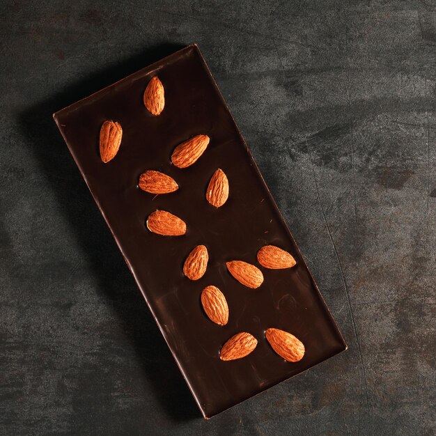 high angle view of almond in chocolate bar on table