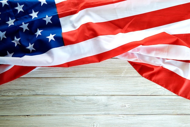 High angle view of american flag on wooden table