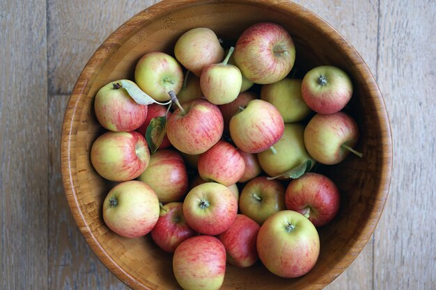 High angle view of apples in container on table