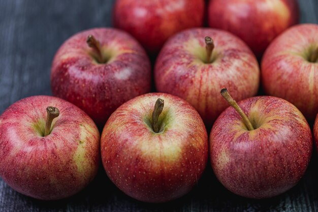 High angle view of apples on table closeup apples