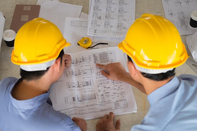 High angle view of architects discussing paperwork on table