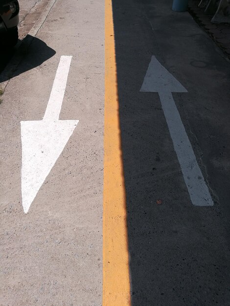 High angle view of arrow symbol on road