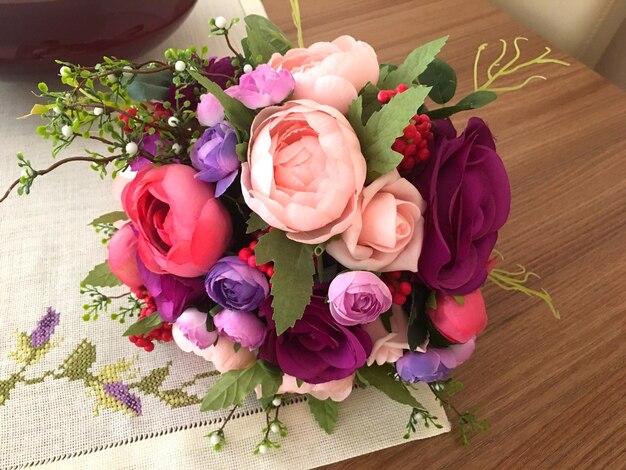 High angle view of artificial flower bouquet on table