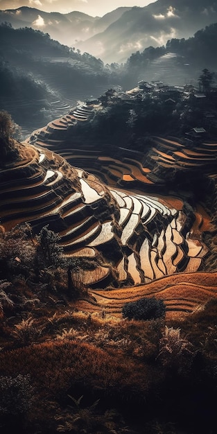 High angle view of asiatic rice terraces sun through the clouds landscape of a village