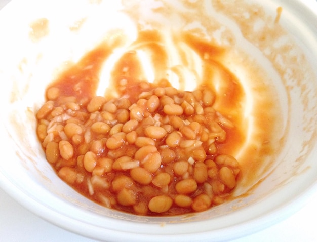 High angle view of baked beans in plate