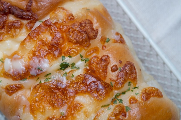 High angle view of baked bread and cheese