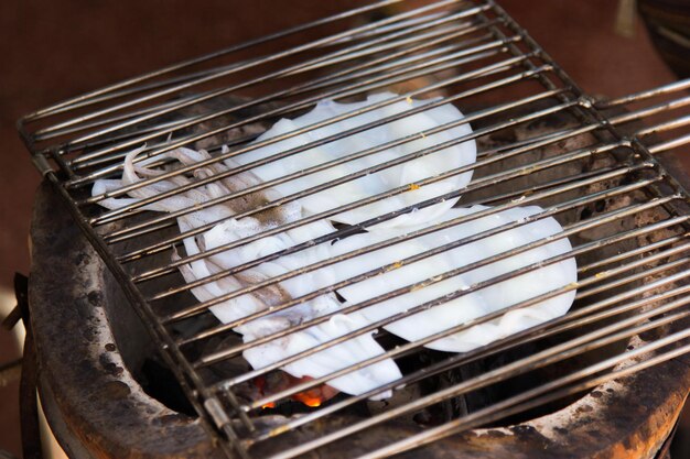 High angle view of barbecue grill