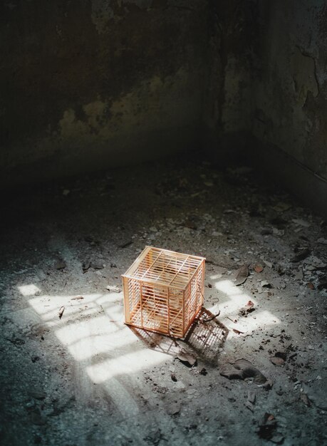 Foto vista ad alto angolo del cesto in una stanza abbandonata