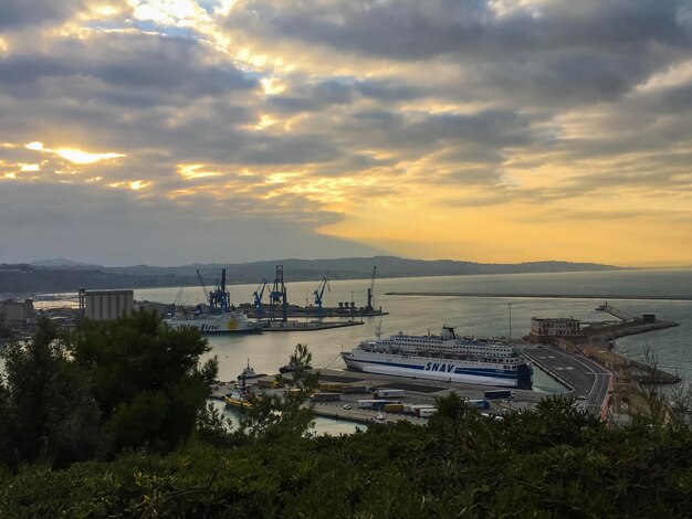 High angle view of bay against sky at sunset