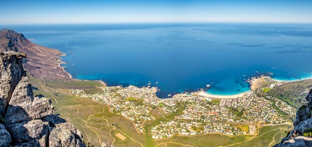 High angle view of bay against sky