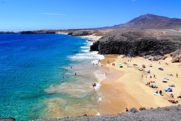 High angle view of beach against blue sky