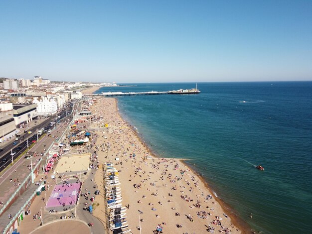 High angle view of beach against clear sky