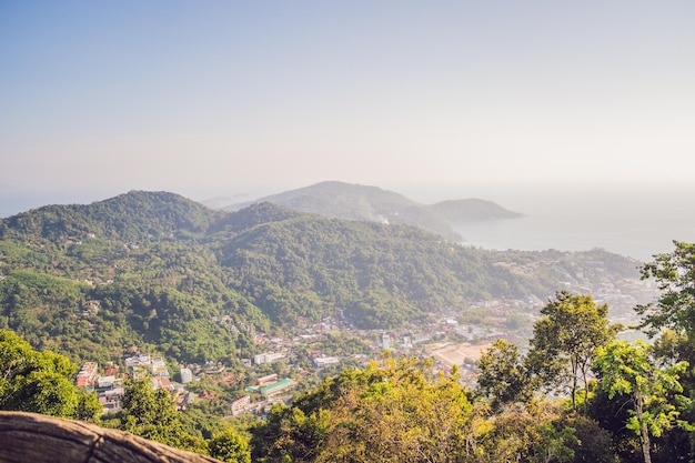 High angle view beautiful landscape of Ao Chalong bay and city sea side in Phuket Province, Thailand.