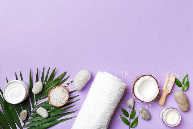 High angle view of beauty products against blue background