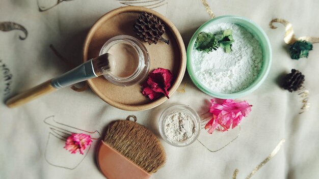 High angle view of beauty products on table