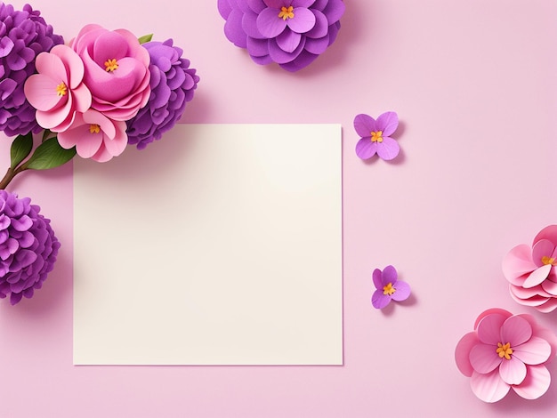 ピンクの背景に花が付いている白紙の高角度ビュー