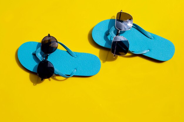 High angle view of blue toy car on yellow table