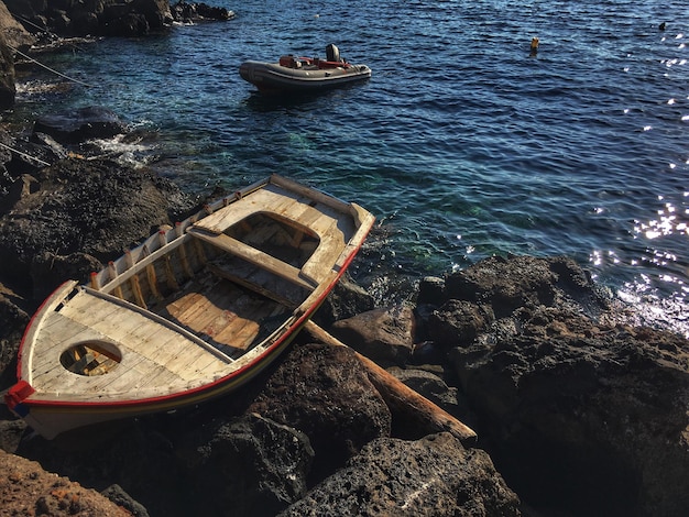 high angle view of boat on rock against sea
