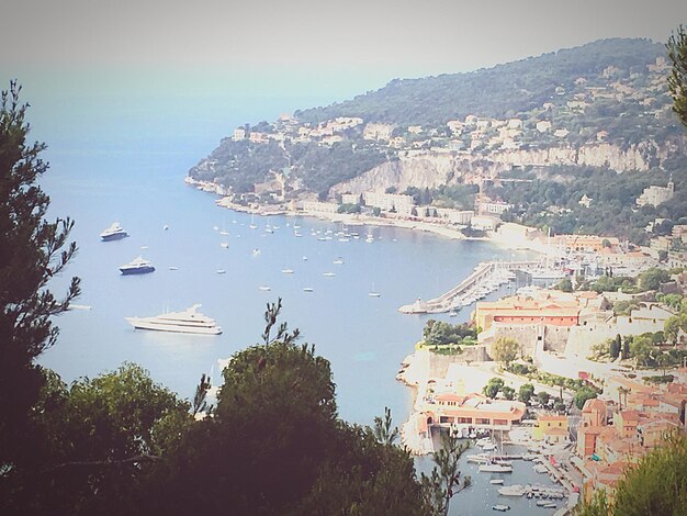 High angle view of boats at harbor