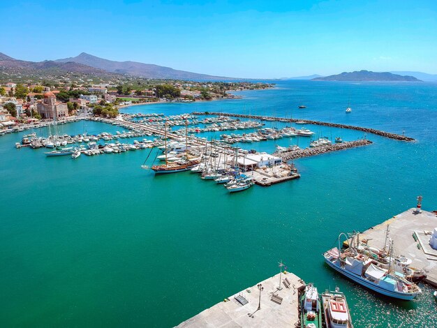 High angle view of boats moored at harbor