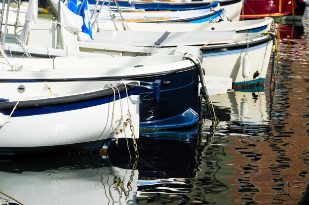 High angle view of boats moored at harbor