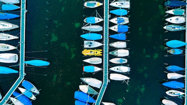 High angle view of boats moored at harbor