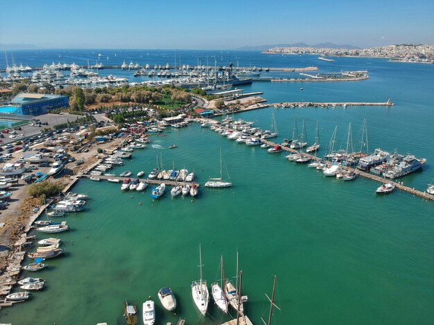 High angle view of boats moored at harbor