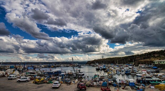 High angle view of boats moored at harbor