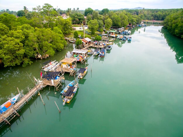 High angle view of boats moored at jetty