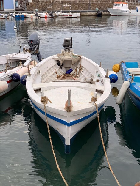 High angle view of boats moored in lake