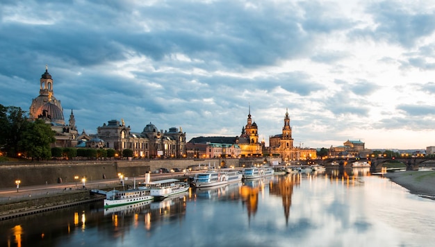 high angle view of boats moored on river by dresden frauenkirche