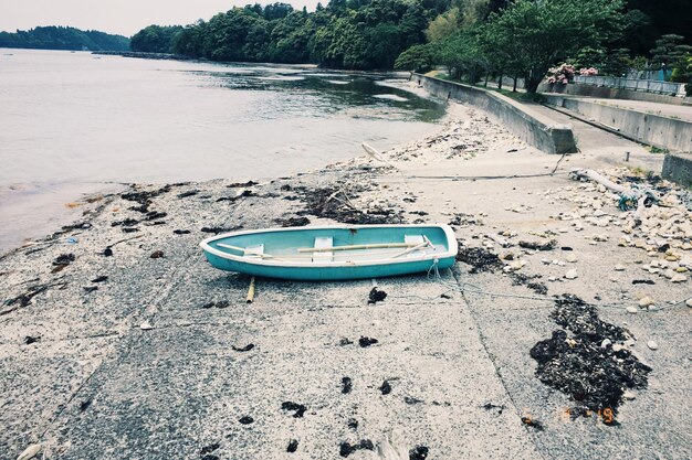 High angle view of boats moored on shore