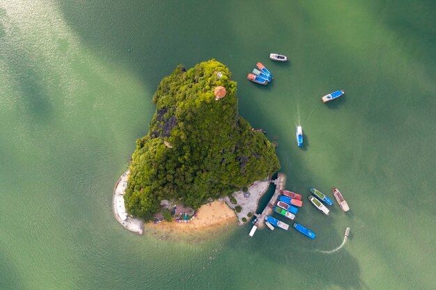 High angle view of boats on sea shore