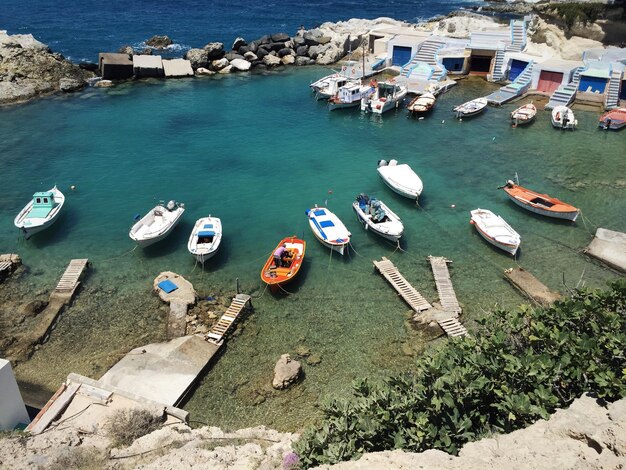 High angle view of boats in sea