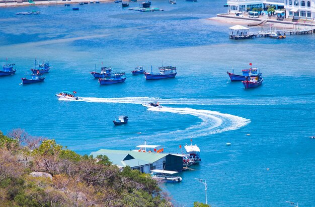 High angle view of boats in sea