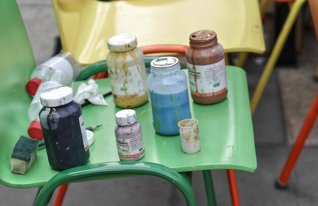 High angle view of bottles on table