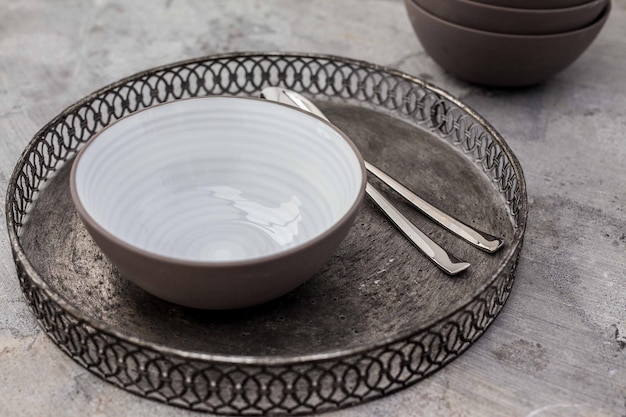 High angle view of bowl in plate on table