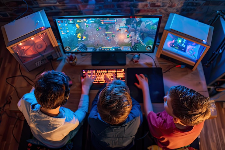 Photo high angle view of boy playing online game