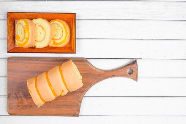 High angle view of bread on cutting board