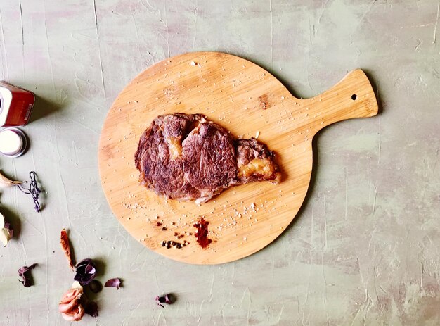 High angle view of bread on cutting board