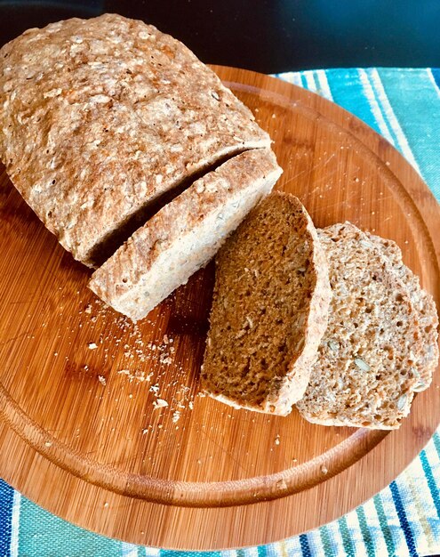 High angle view of bread on cutting board