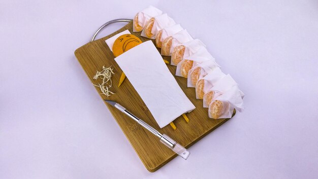 High angle view of bread on white background