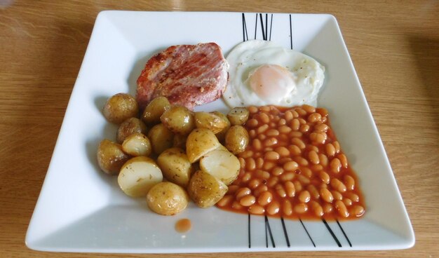 High angle view of breakfast served in plate on table