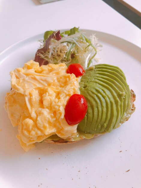 High angle view of breakfast served in plate