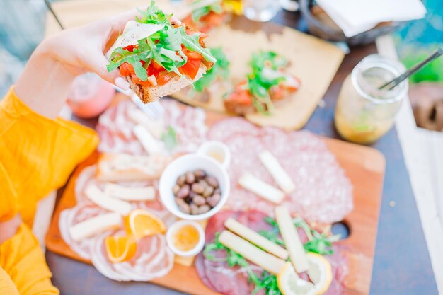 High angle view of breakfast served on table