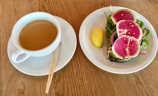 High angle view of breakfast served on table